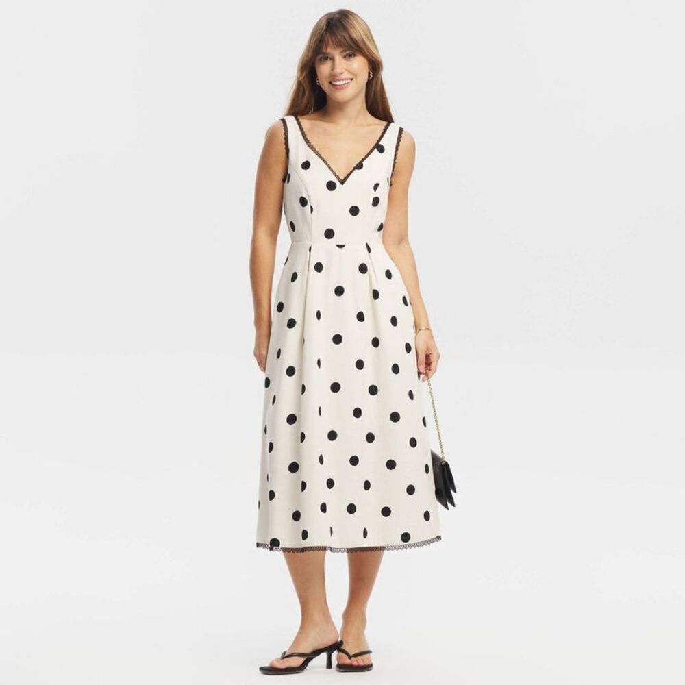Women's Contrast Lace Trim Midi Dress - A New Day Cream Polka Dots M